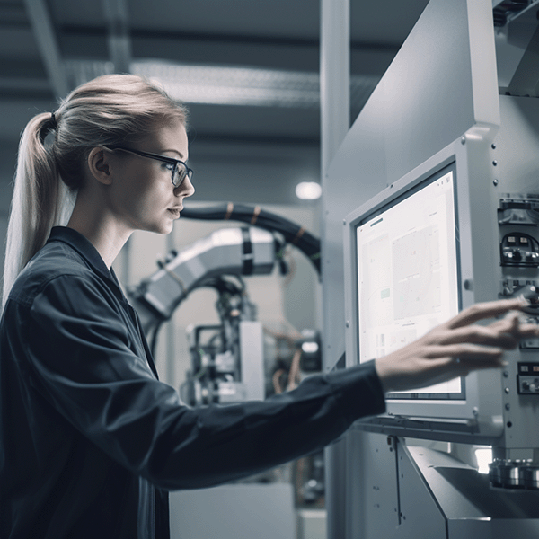 A woman is working on a machine in a factory.