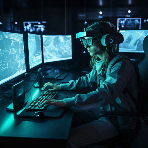 A woman wearing a headset is working on a computer in a dark room.